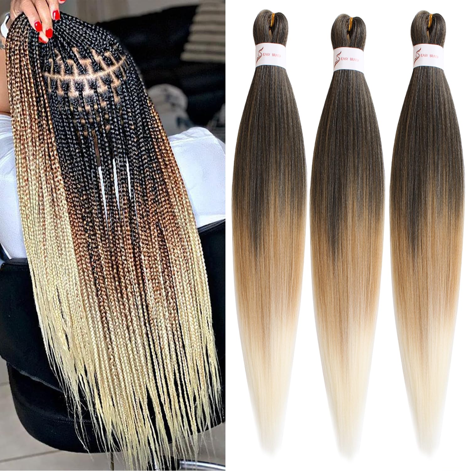 Mscat 26 Inch 3 Packs Pre Stretched Braiding Hair Three Tones Pre Stretched Braiding Professional Synthetic Prestretched Crochet Braids Hair Extension Hot Water Setting Yaki Texture (1B27613#) — image 1