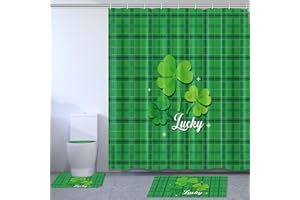 CINROBIYE 4 Pcs St. Patrick's Bathroom Shower Curtain Set,Shamrock Lucky Bathroom Curtain with 12 Hooks, Non Slip Bathroom Rugs, Toilet Lid Cover, U Toilet Mat for Irish Party Bathroom Decoration (Set 2)