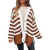 PRETTYGARDEN Women's Winter Striped Cardigan Sweaters Long Sleeve Button Down Open Front Chunky Knit Oversized Sweater Coat