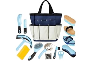 ROUISXUE Horse Grooming Kit, 14-in-1 Professional Horse Brush Supplies Set for Grooming & Care, with Horse Brushes, Curry Comb, Hoof Pick & Waterproof Storage Tote Bag for Shining, Detangling, Massaging