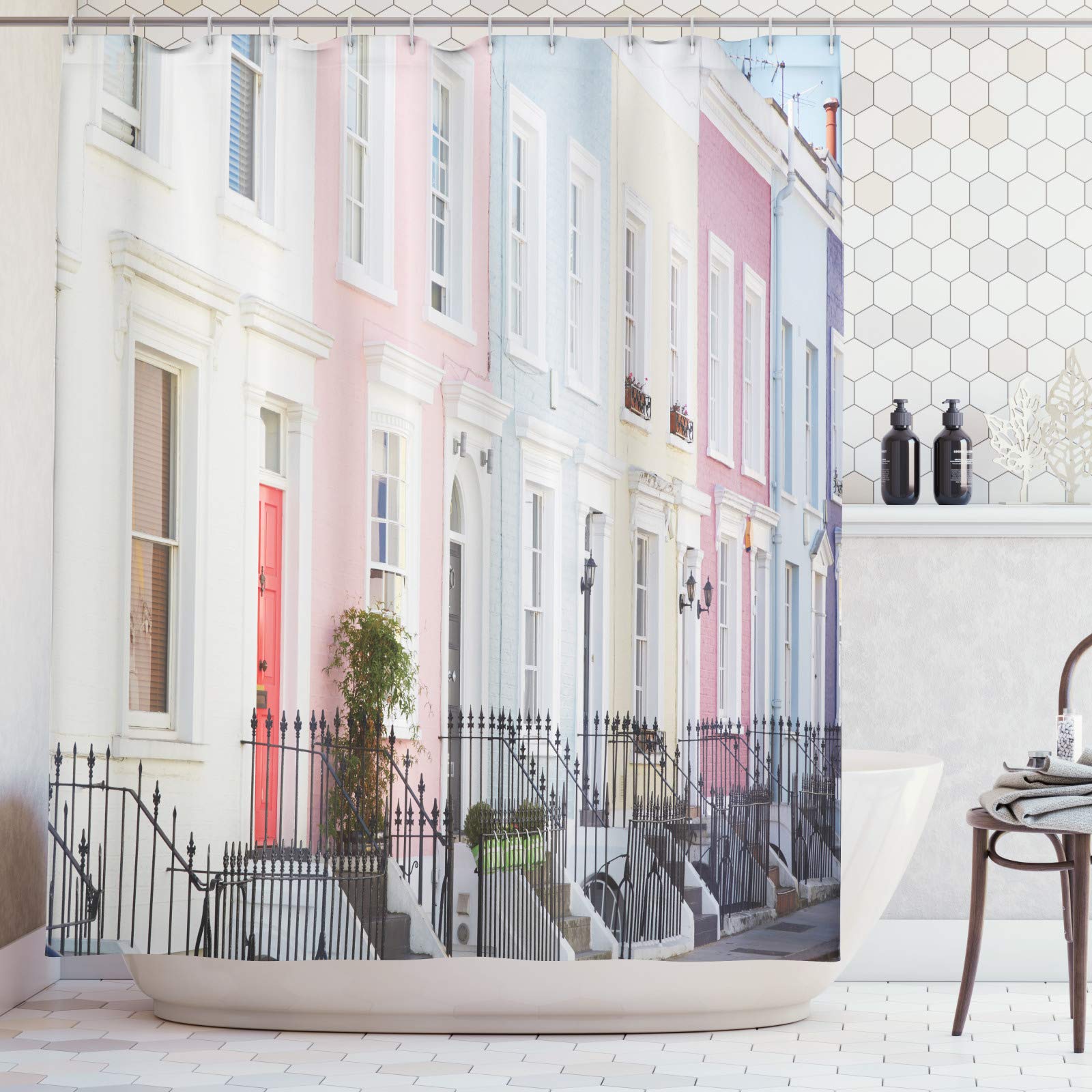 ABAKUHAUS City Old Houses Shower Curtain, Facades of the Colorful English Houses in Pastel Pale Colors in London, Cloth Fabric Bathroom Decor Set with Hooks, 94 Inches, Multicolor