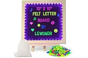 Lewondr Felt Letter Board, 10''×10'' Wooden Letter Board Sign with 680 Colored Fluorescence Letters, Changeable Message Sign 