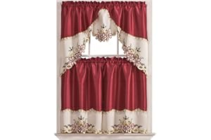 GOHD GOLDEN OCEAN HOME DECOR GOHD Arch Floral Kitchen Curtain Set/Swag Valance & Tier Set. Nice Matching Color Floral Embroidery on Border with cutworks (Wine)