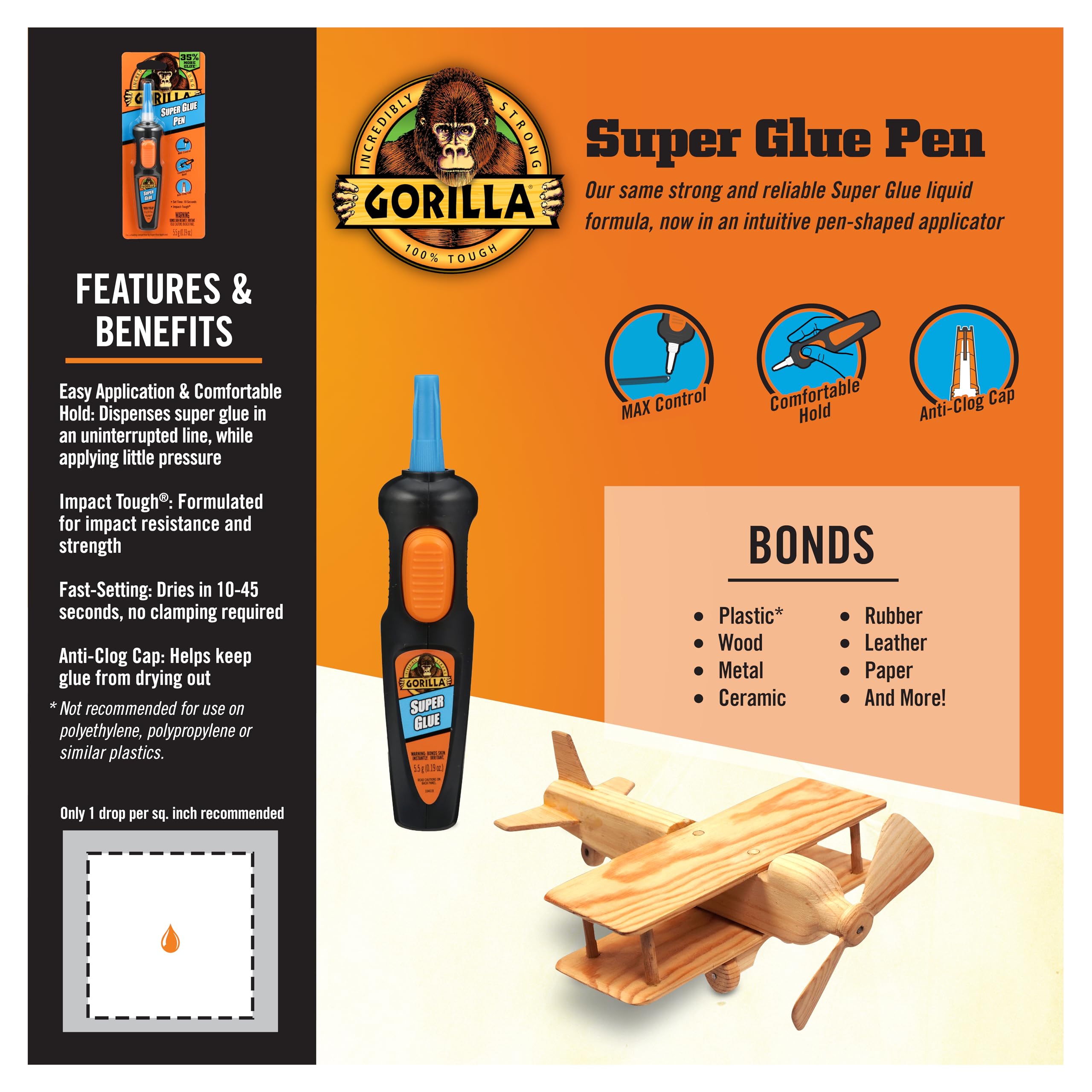 Gorilla Super Glue Pen, Cyanoacrylate Glue, Fast Setting, Precise Dispensing Pen Shaped Applicator, Clear, 5.5g (Pack of 2)