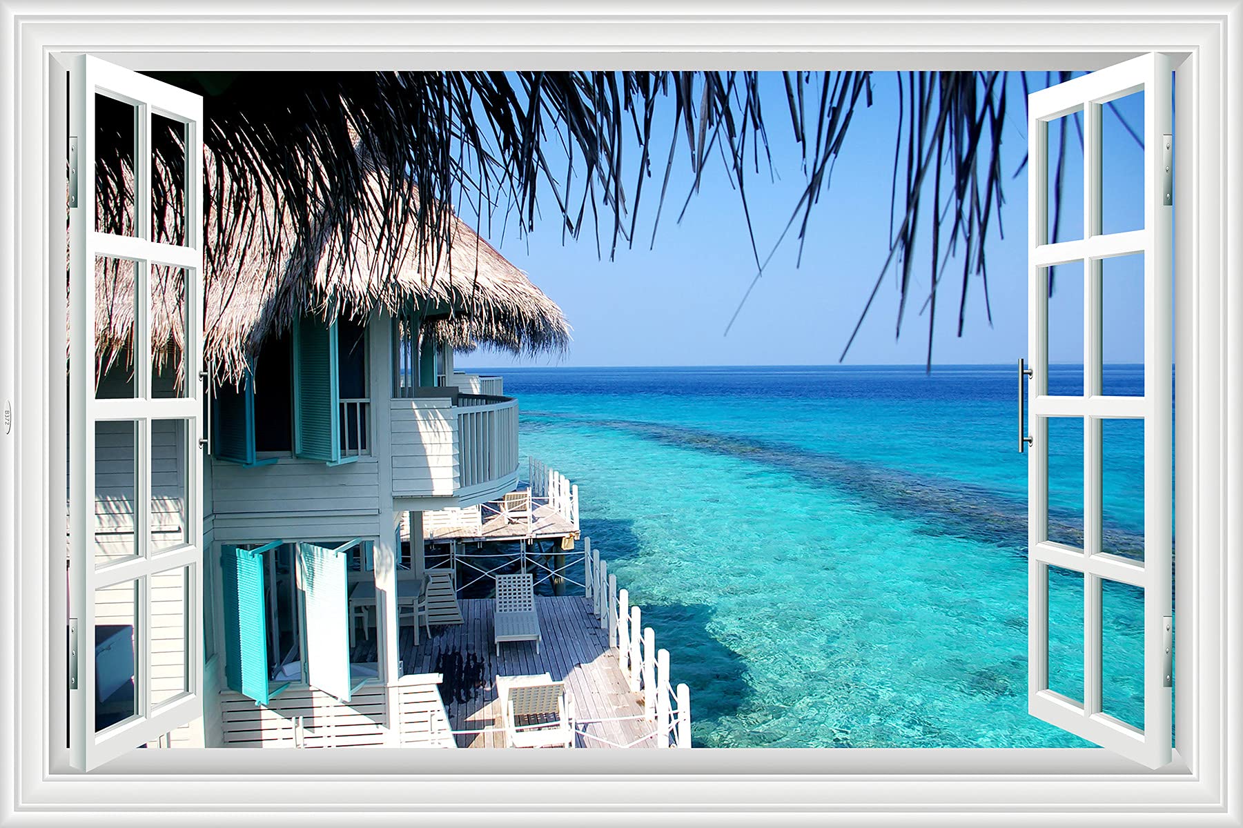 Lichi 3D Fake Window Wall Sticker Mural Decal of Ocean Beach Coconut Tree View Scenery with Villa