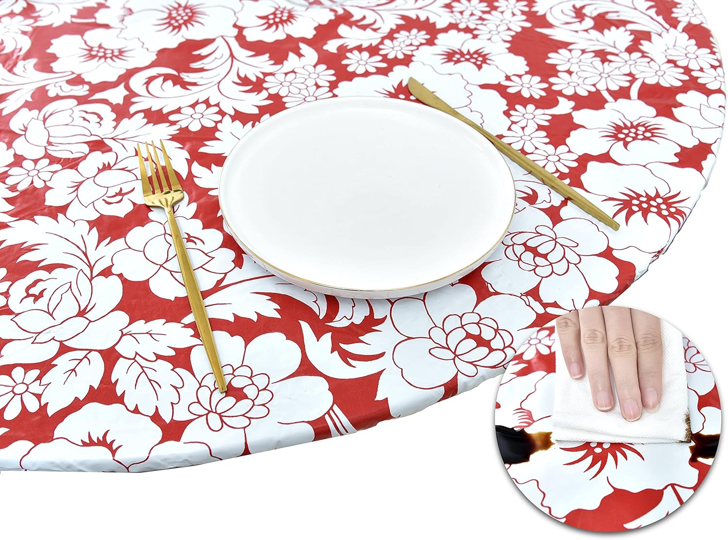 Rally Home Goods Indoor Outdoor Patio Round Fitted Vinyl Tablecloth, Flannel Backing, Elastic Edge, Waterproof Wipeable Plastic Cover, Floral Red Christmas Pattern for 5-Seat Table of 36-42’’ Diameter: Home & Kitchen