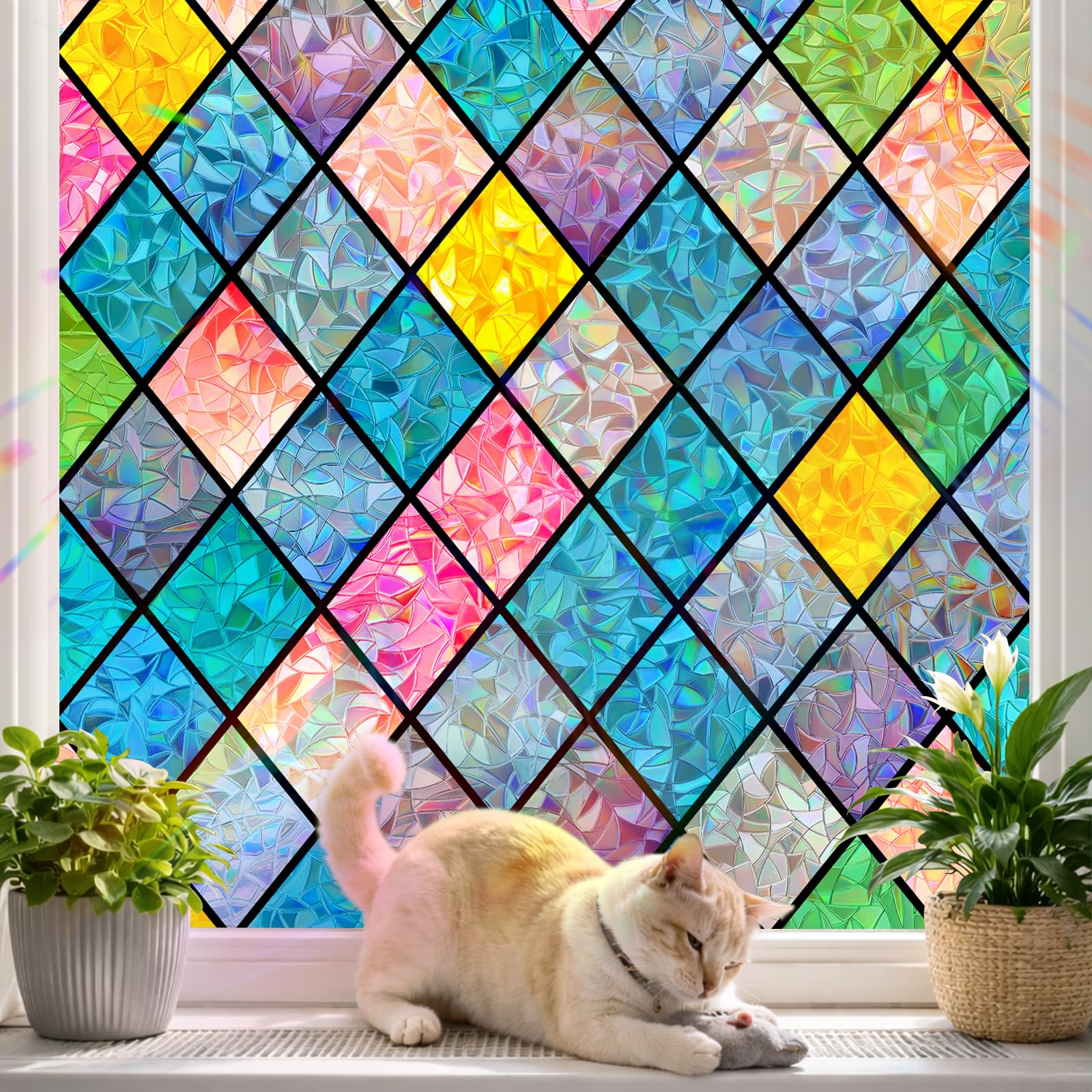 Zindoo Stained Glass Window Film Privacy Film for Glass Windows, Decorative 3D Rainbow Stickers UV & Glare Blocking, Static Cling No Glue Lattice Coverings Decals for Home Door, 30x200cm