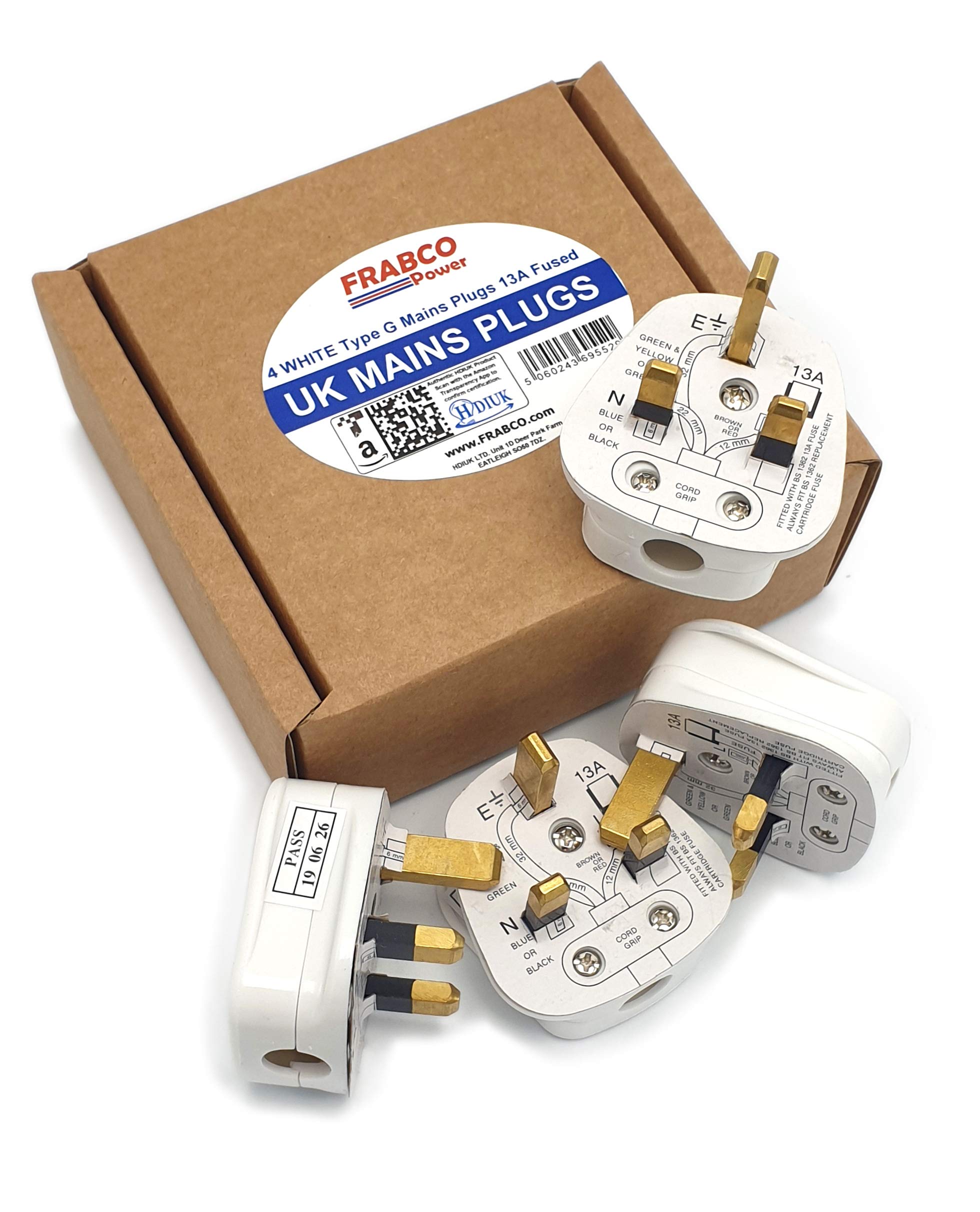 HDIUK Quality 4 Pack UK 13A Mains Plug top self Wire. (White)