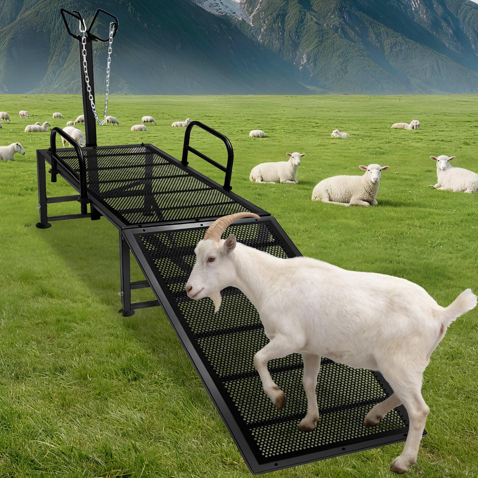 Photo 1 of 47"L Heavy Duty Goat Milking Stand with Detachable Ramp, 700lbs Capacity Sheep Trimming Station, Professional Livestock Grooming Platform with 4-Level Adjustable Headlock for Hoof Care