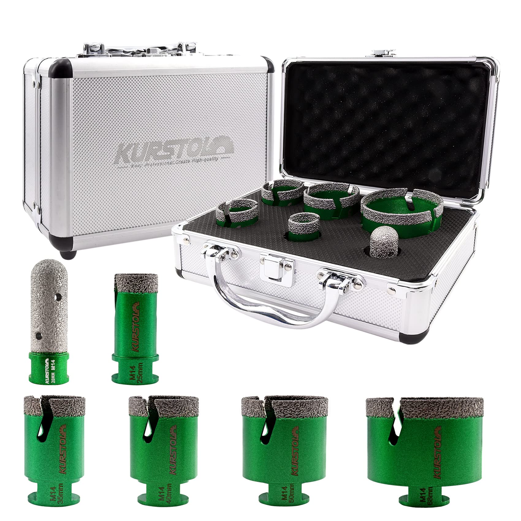 KURSTOL Tile Hole Saw Kit - 5pcs Diamond Core Drill Bits 25/35/40/50/68MM+1pc 20MM Diamond Finger Milling Bit M14 thread for Porcelain Ceramic Tile Granite Marble Angle Grinder