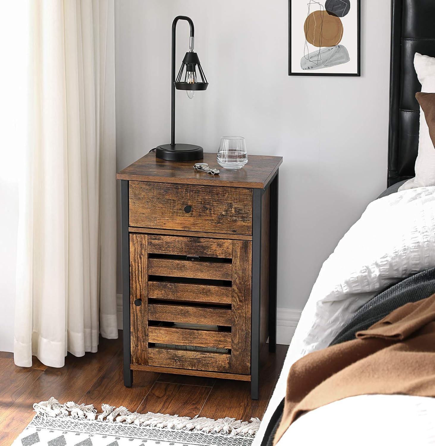 VASAGLE Nightstand, Side Table with Drawer, Shutter Door, End Table with Adjustable Shelf, Metal Frame, Industrial Style, Rustic Brown and Black ULET063B01: Kitchen & Dining