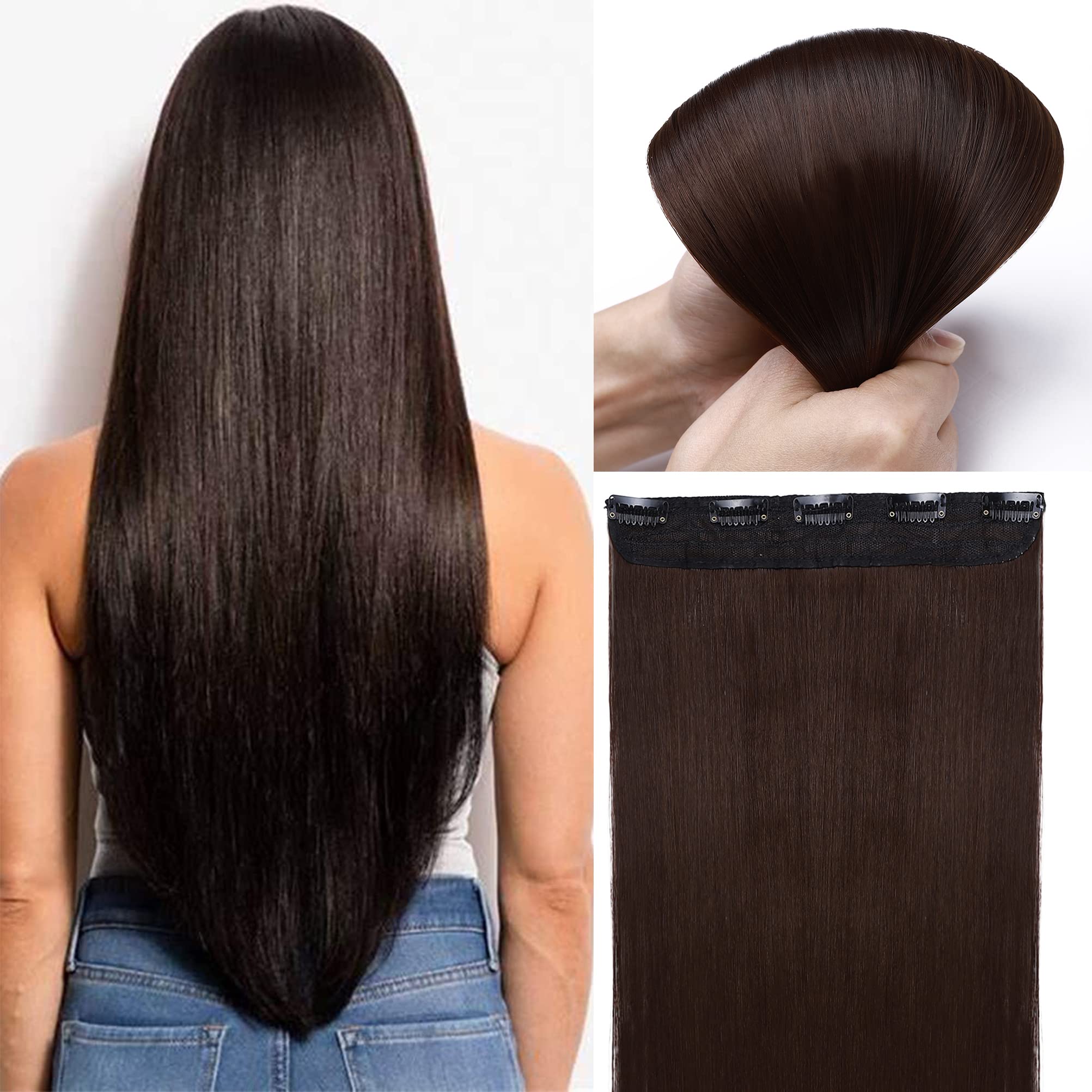 One Piece Half Head Synthetic Clip in Hair Extensions Ombre 5 Clips Long Straight Two Tone 30 Inch Medium Brown