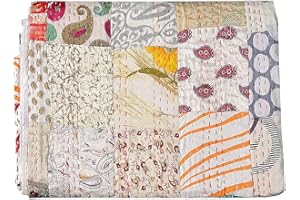 Rajasthaniartdecor Indian Handmade Vintage Silk Sari Patola Ethnic Reversible Blanket Bedspread Throw Stitch Patchwork Kantha Quilt (White, Poster 40x60 Inch)
