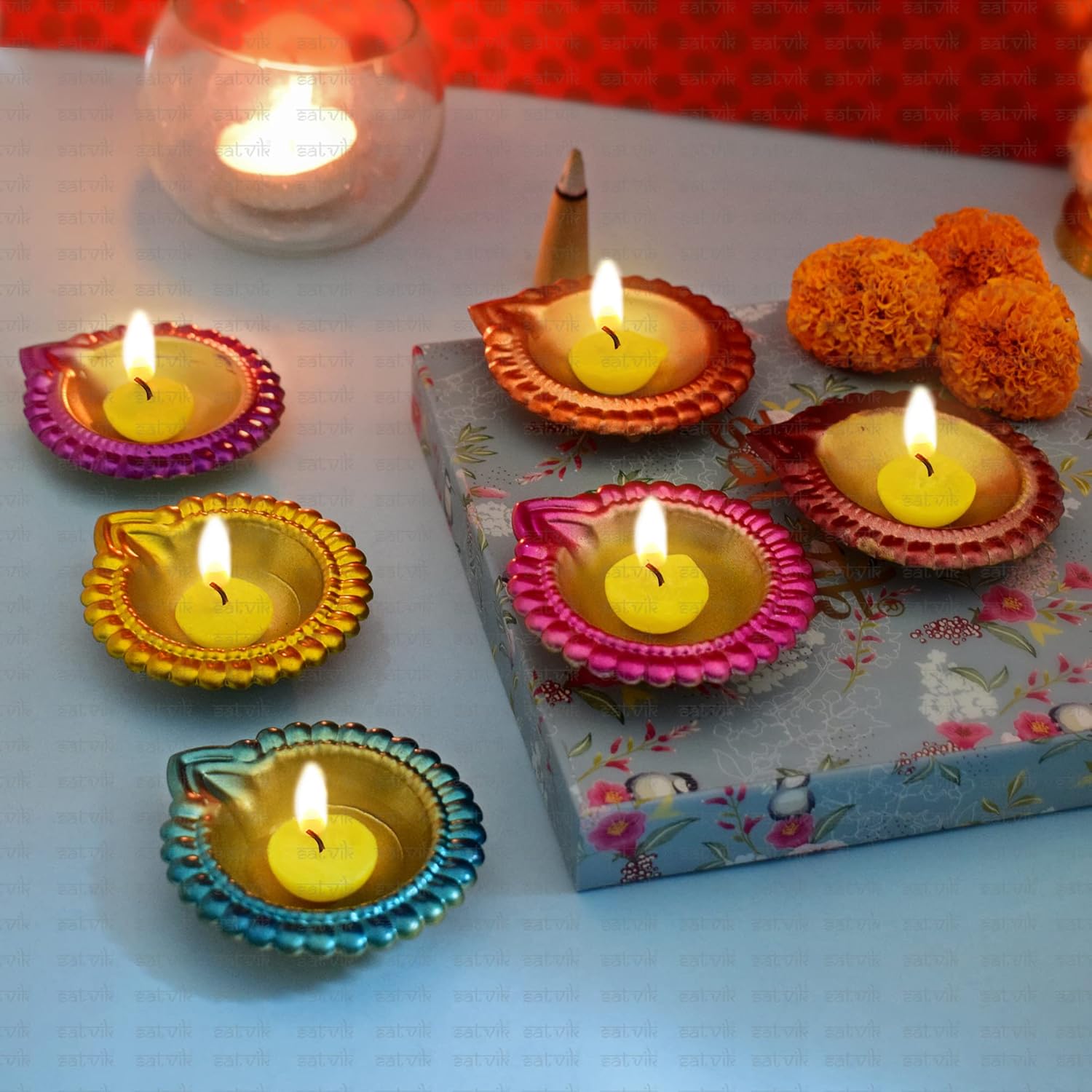 Oil Lamps & Accessories - Satvik 12 Pc Multicolored Metal Designer Lakshmi Diya for Diwali Decoration. Dia Deepak Oil Lamp for Indoor and Outdoor Vilakku for Puja Pooja Traditional Indian Housewarming Return Gift Item