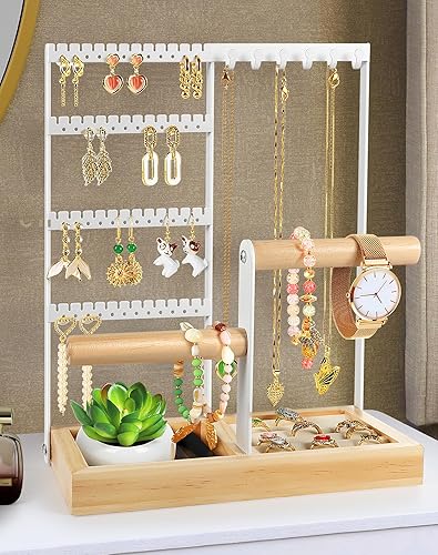Godboat Jewelry Organizer, 4-Tier Earring Holder Organizer with 48 Holes,  Hooks Necklace Rack, Bracelet and