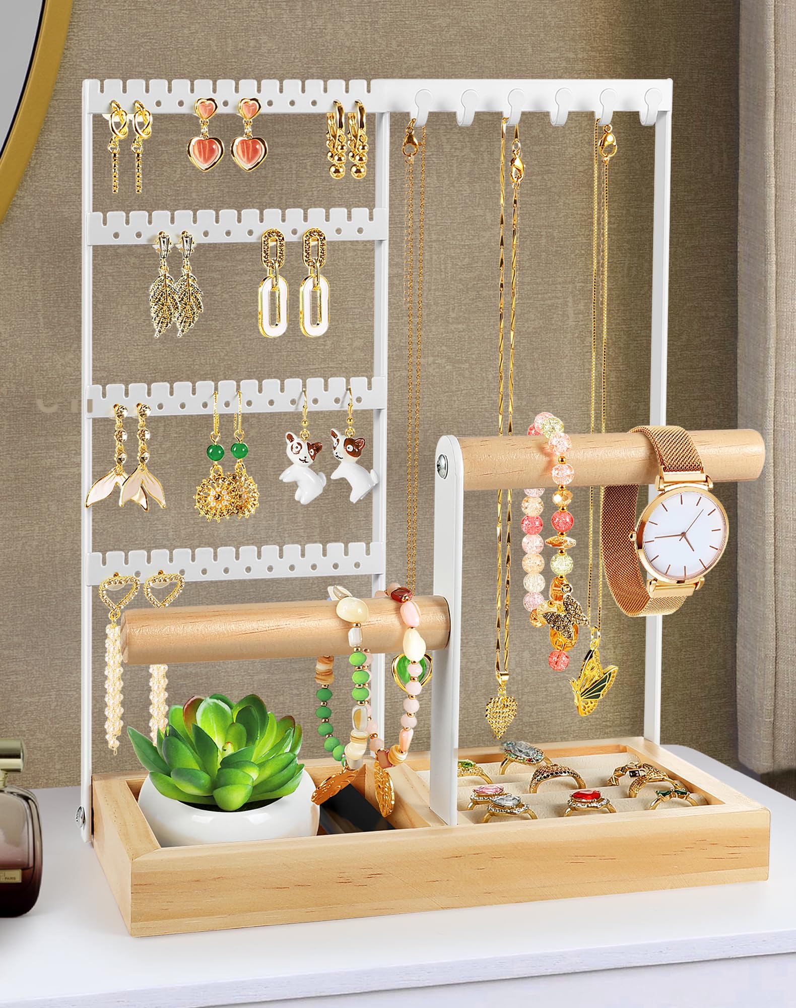 Godboat Jewelry Organizer, 4-Tier Earring Holder Organizer with 48 Holes, 6 Hooks Necklace Rack, Bracelet and Ring Stand with Wood Box, Gifts for Mothers Mom Women, Preppy Stuff & Room Decor, (White)