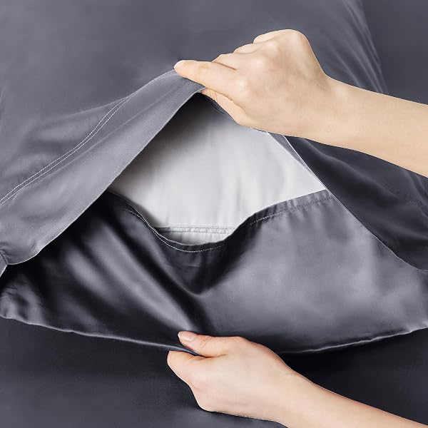 BEDSURE QUEEN SHEET SET, COOLING SHEETS FOR QUEEN SIZE BED SET, RAYON DERIVED FROM BAMBOO, BREATHABLE & SOFT DEEP POCKET UP TO 16 INCHES, HOTEL LUXURY SILKY BEDDING, BEDSHEET & PILLOWCASES, DARK GREY