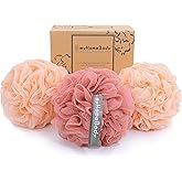 myHomeBody Large 70g Loofah Sponge, Body Scrubber, Bath Sponge, Loofah for Women, Men, Exfoliating Sponge Shower Pouf with Activated Charcoal - 2 Peach + 1 Coral Red, 3 Pack