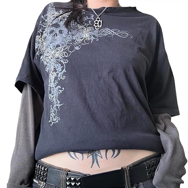 2000s Clothing Women Grunge Shirts Goth Tops Short Sleeve Vintage
