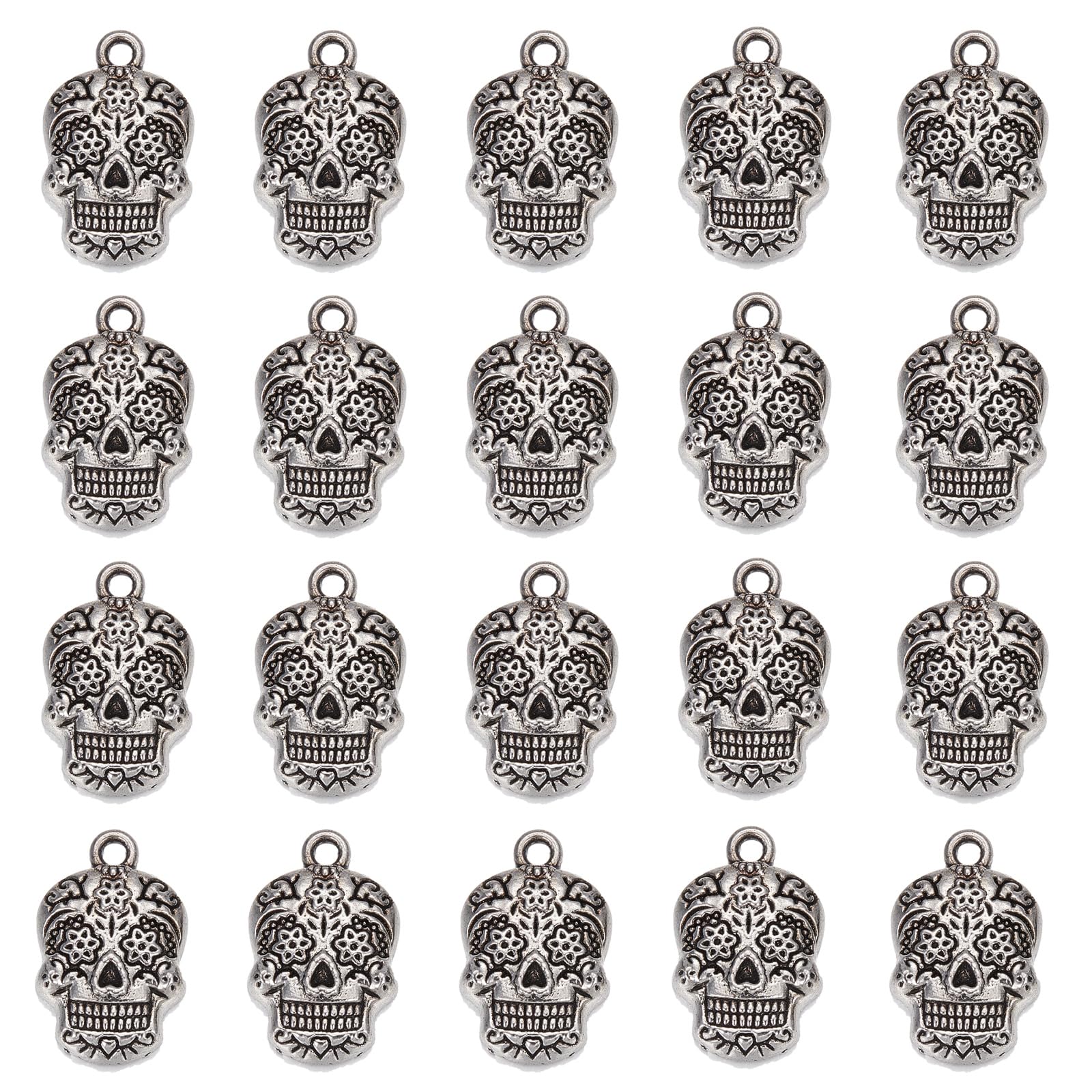 SUNNYCLUE 1 Box 30Pcs Skull Charms Halloween Skeleton Head Charm Tibetan Style Antique Silver Flower Pattern Gothic Skull Metal Alloy Charms for jewellery Making Charm DIY Earrings Bracelets Supplies