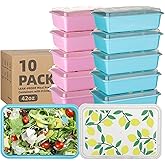 Moiturti 10 Pack 42 oz Meal Prep Containers, Reusable Plastic Food Prep Storage Containers with Printed Lids, Stackable, Leakproof, Microwave & Freezer & Dishwasher Safe,To Go Take Out Box, Lemon