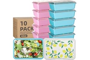10 Pack 42 oz Meal Prep Containers, Reusable Plastic Food Prep Storage Containers with Printed Lids, Stackable, Leakproof, Mi