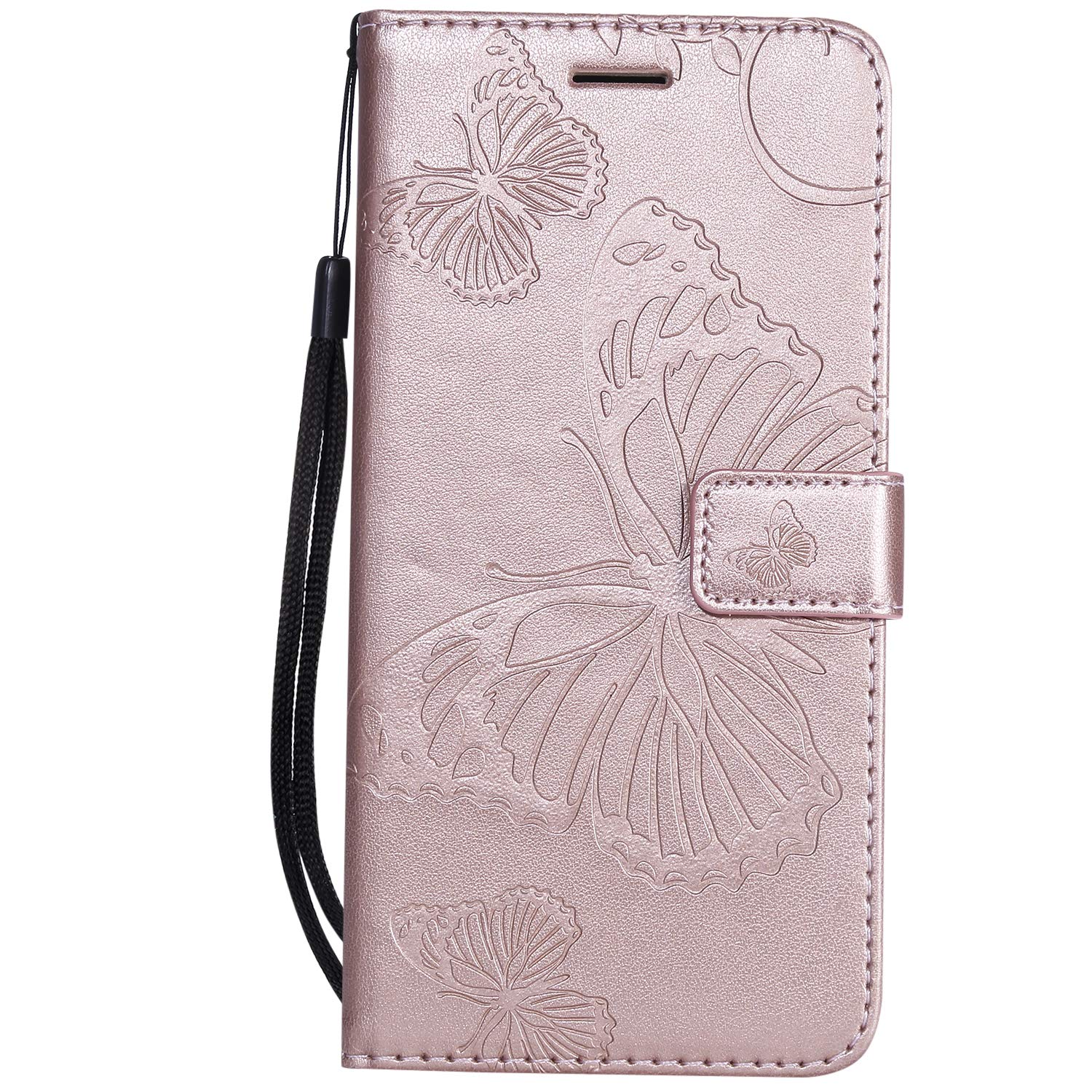 Thoankj Samsung Galaxy A70 2019 Case, PU Leather Flip Notebook Wallet Case Butterfly Embossed with Kickstand Credit Card Slot Holder TPU Bumper Folio Protective Cover for Samsung Galaxy A70 Rose Gold
