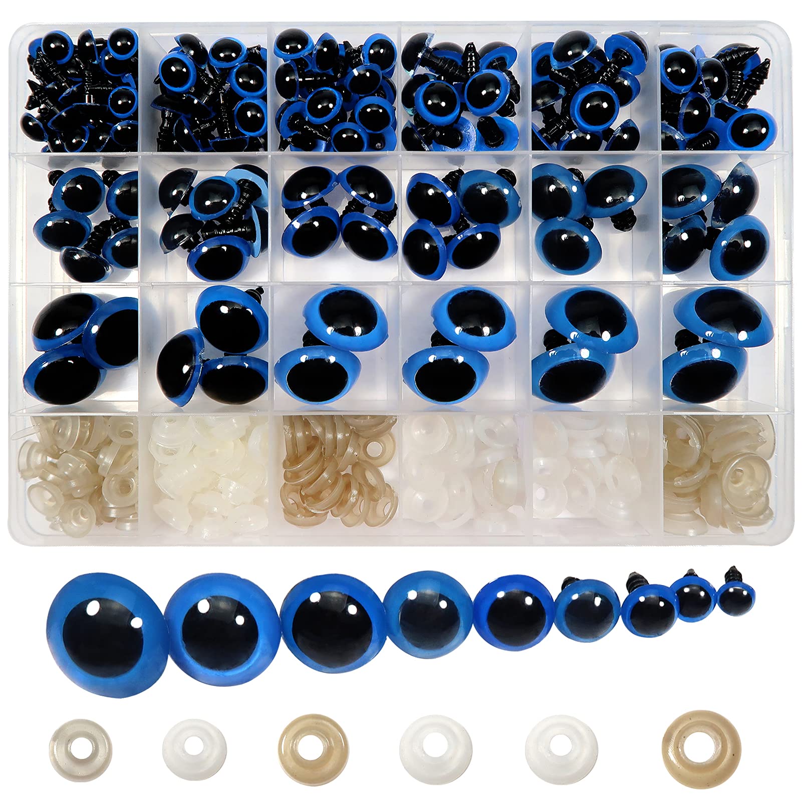 TOAOB 150pcs 8 to 24 mm Blue Round Plastic Plush Animal Safety Eyes with Washers for Craft Jewellery DIY Making Doll Puppets