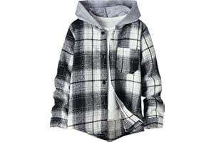 QLIPIN Boys Flannel Shirts Plaid Hoodie: Button Down Long Sleeve Shirt Fall Winter Fashion Lightweight Hooded Jacket Coats