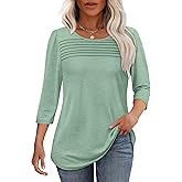 OFEEFAN Womens Tops 3/4 Length Sleeve Blouses Dressy Casual Spring Summer Fall Outfits Pleated Front T Shirts Curved Hem