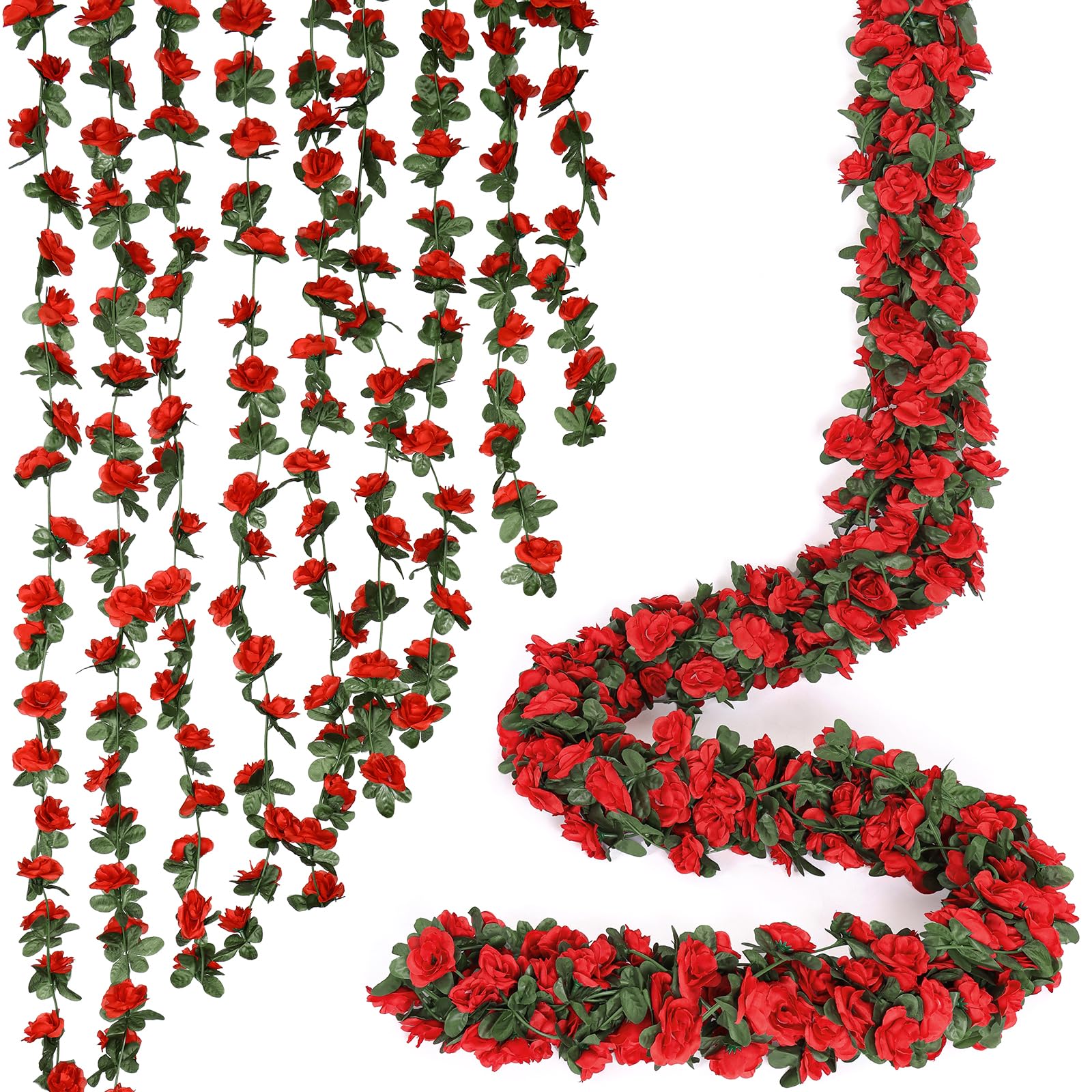 ACTINIC 9 x 8Ft Artificial Fake Flowers Garland Roses Vine Hanging Silk Flowers Garland, Artificial Fake Plants Flowers for Outdoor Indoor, Wedding, Arch, Party, Garden, Table Decoration, Red