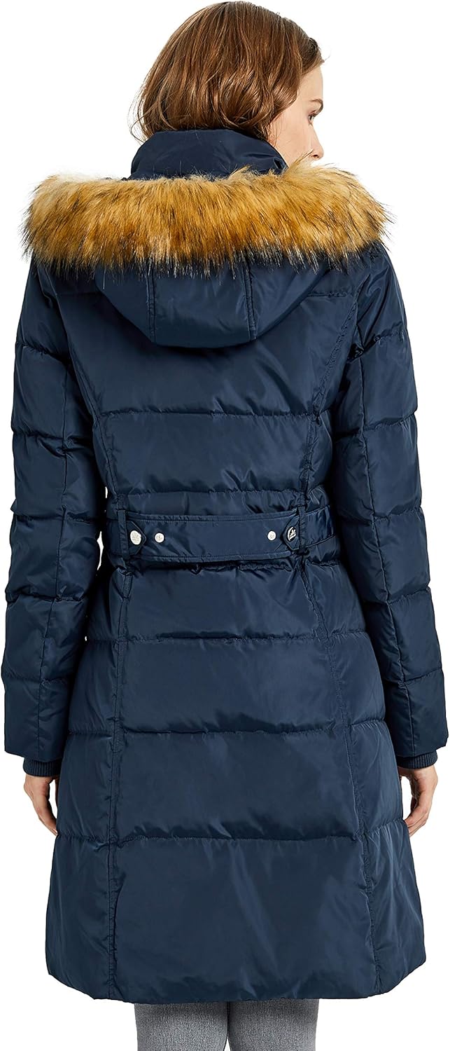 Orolay Quilted Down Jacket Women Winter Long Coat Puffer Jacket with Fur Hood: Clothing