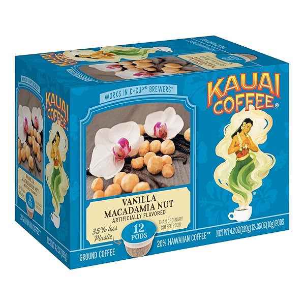 KAUAI COFFEE PODS COMPATIBLE WITH K-CUP PODS FOR KEURIG BREWERS – 20% HAWAIIAN ARABICA – MEDIUM ROAST, RICH, SMOOTH, NO BITTERNESS – VANILLA MACADAMIA NUT, 1 PACK OF 12 SINGLE SERVE CUPS