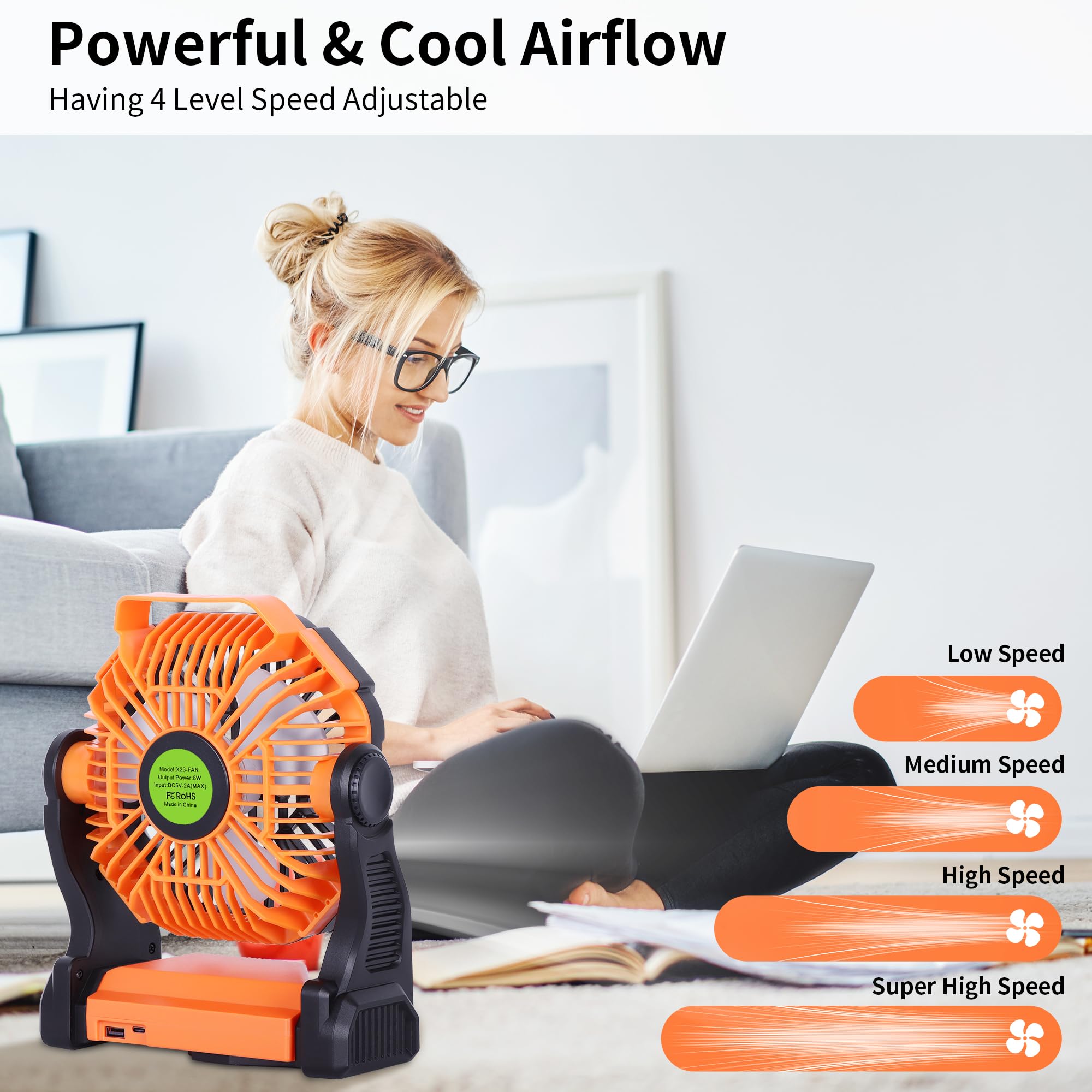 TDLOL Portable Fan Battery Powered Fan Rechargeable,270°Pivot Battery Operated Camping Fans with LED Light & Hook,USB Personal Rechargeable Outdoor Camping for Tent, Travel