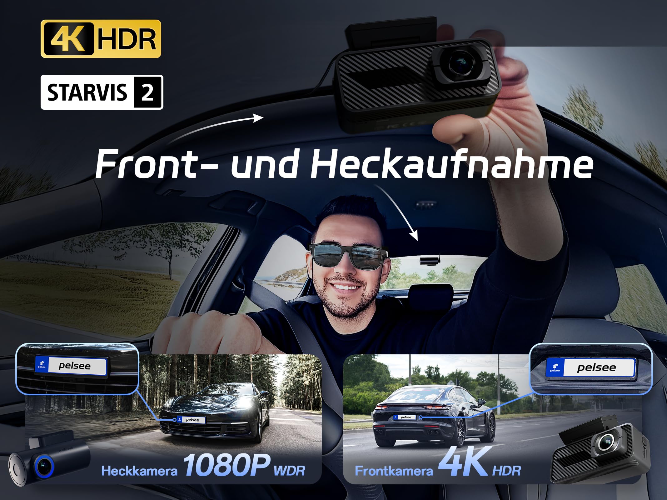 Pelsee 4K Dashcam Auto Vorne Hinten mit STARVIS 2 Sensor, 3.39'' IPS Display dashcam Auto mit 24H Parküberwachung, 5.8GHz WiFi, HDR WDR, ADAS, GPS, Vollfarben-Nachtsicht mit WiFi, 64GB SD Karte 2