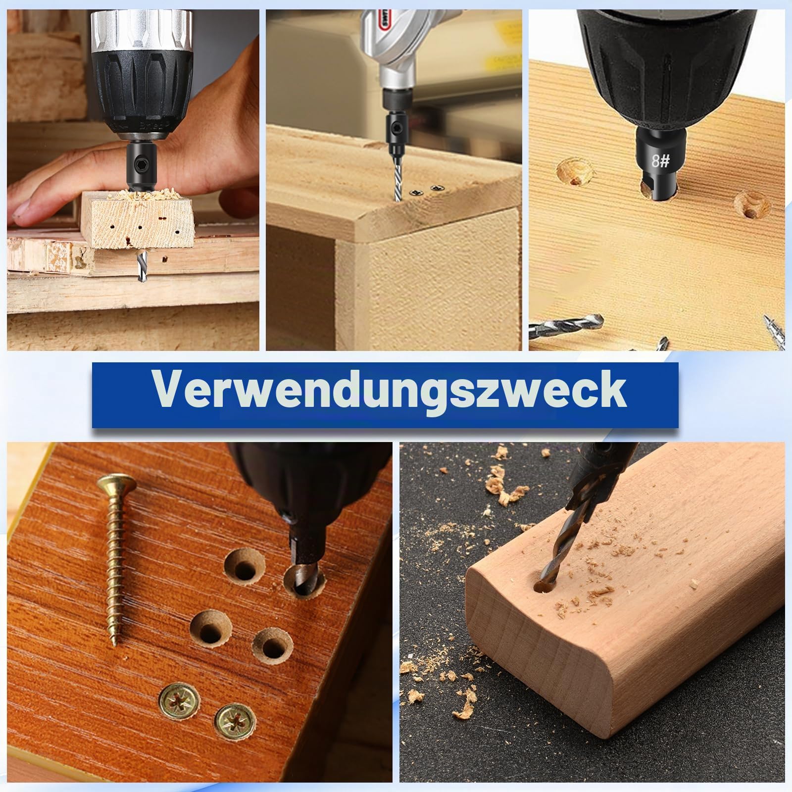 shengbenhao Senkbohrer Holz, 11 tlg Senker Bohrer Set für Holzbearbeitung, #5, #6, #8, #10, #12, Verstellbares Senkbohrer-Set mit 1/4"-Sechskantschaft mit Aufbewahrungsbox 2