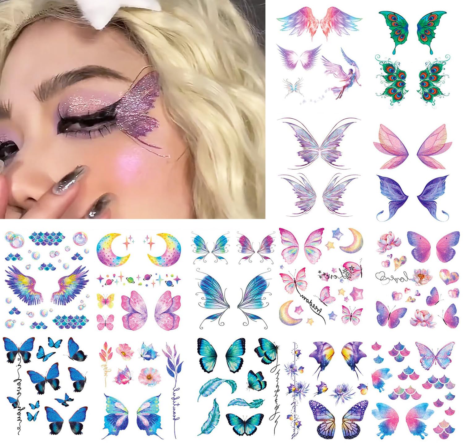 Photo 1 of 14 Sheets Glitter Butterfly Temporary Tattoos Sticker for Eye Face Makeup Decoration, Body art tattoo stickers Shiny Butterflies Waterproof Fake Tattoos for Women Girls Festival Party Eye Decor