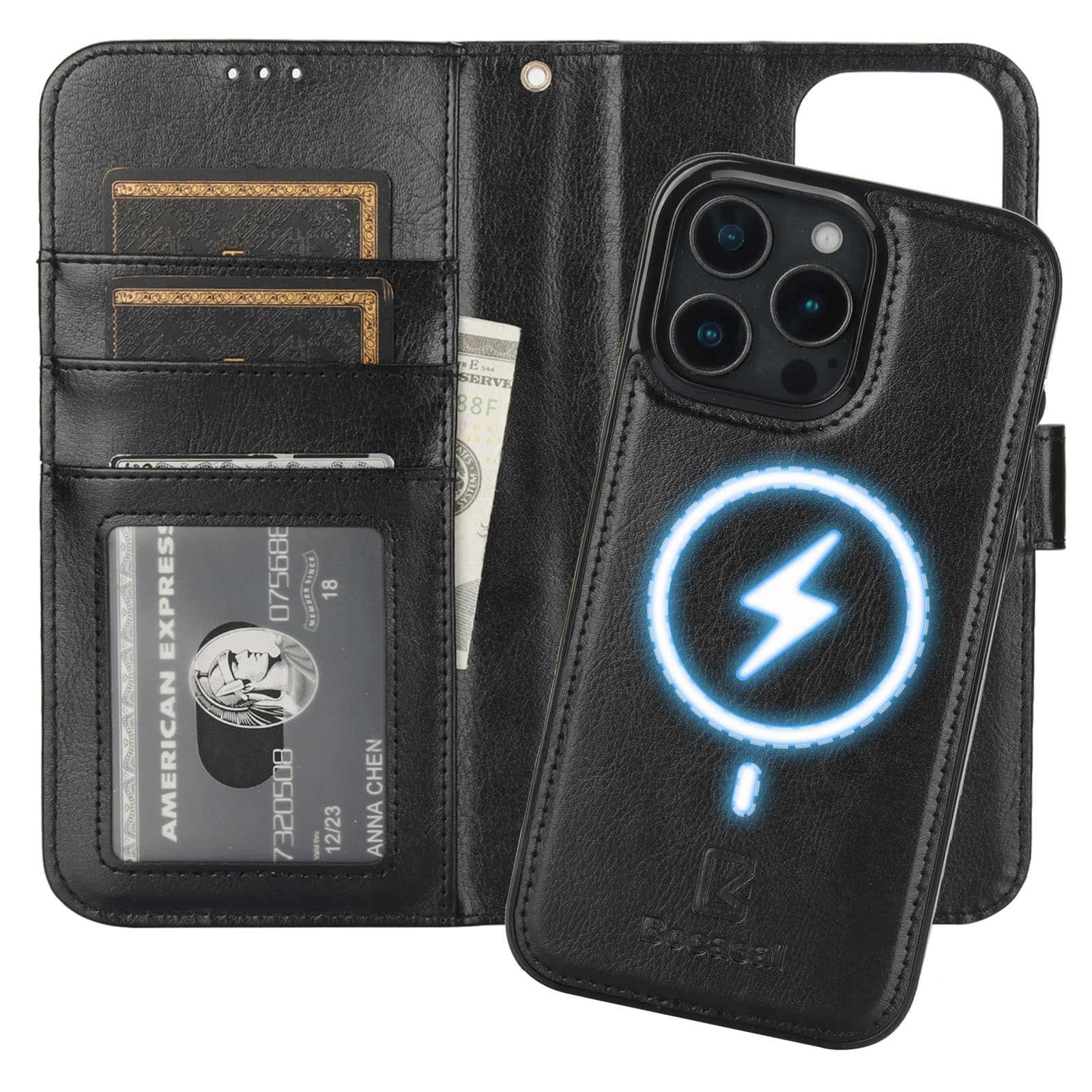 Bocasal for iPhone 16 Pro Max Wallet Case Compatible with MagSafe Wireless Charging, RFID Blocking Magnetic Leather Case with Card Slots Holder Kickstand Detachable Wrist Strap 6.9 Inch (Black)