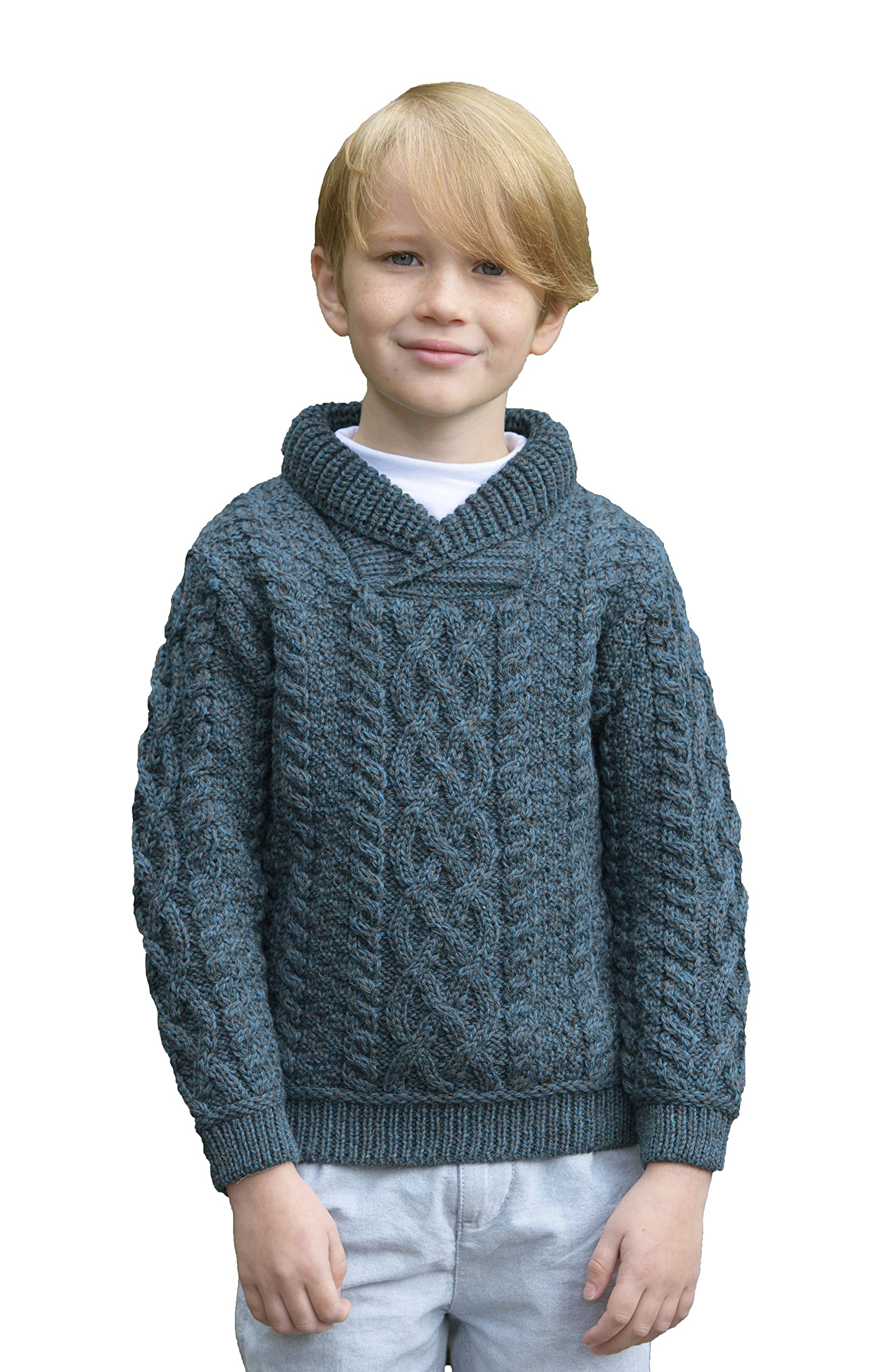 Aran Crafts Kids Shawl Neck Sweater, 100% Merino Wool, Made in Ireland, SH5237-2/3-PEA