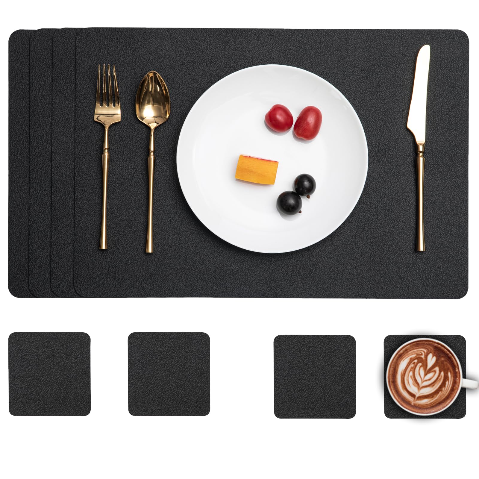 Myir JUN Leather Table Mats and Coasters, Dual-Sided Leather Placemats and Coasters Waterproof Placemats Set of 4 Place Mats Non-Slip Washable Table Mats (Black Black, Set of 4)