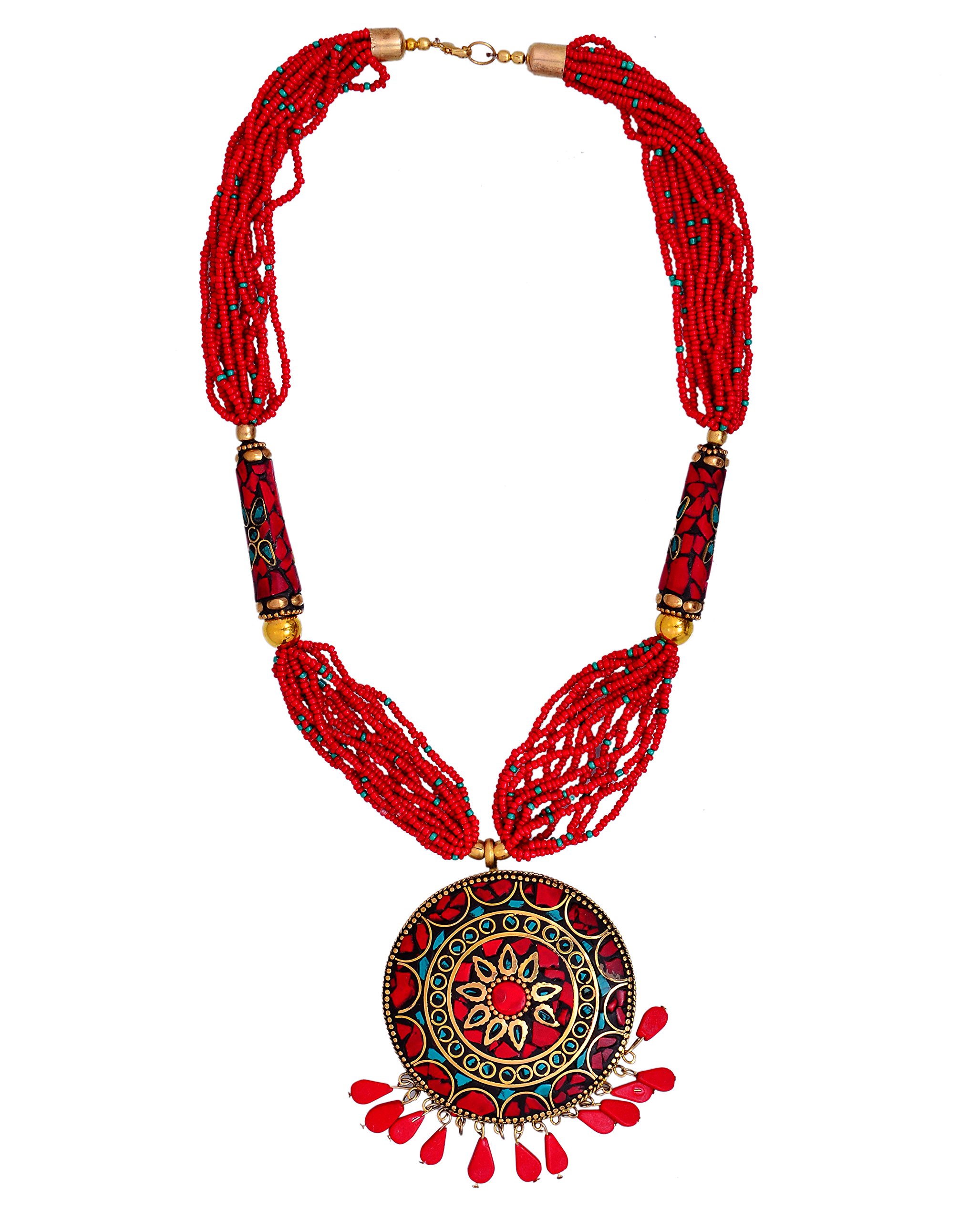 Purpledip Necklace With Glass Beads & Red Gemstone Pendant; Unique Design For Traditional Or Contemporary Wear (30092)