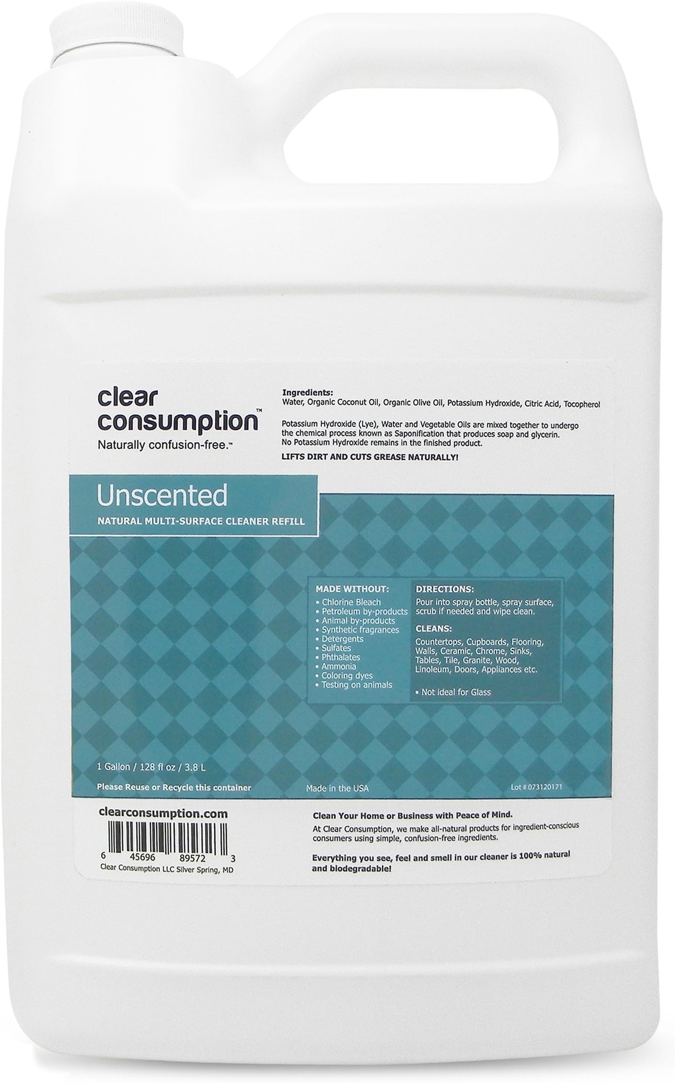 Clear Consumption Natural Unscented Multi-Surface Cleaner Refill 1 Gallon - for Your Home or Business - Made from USDA Organic Vegetable Oils