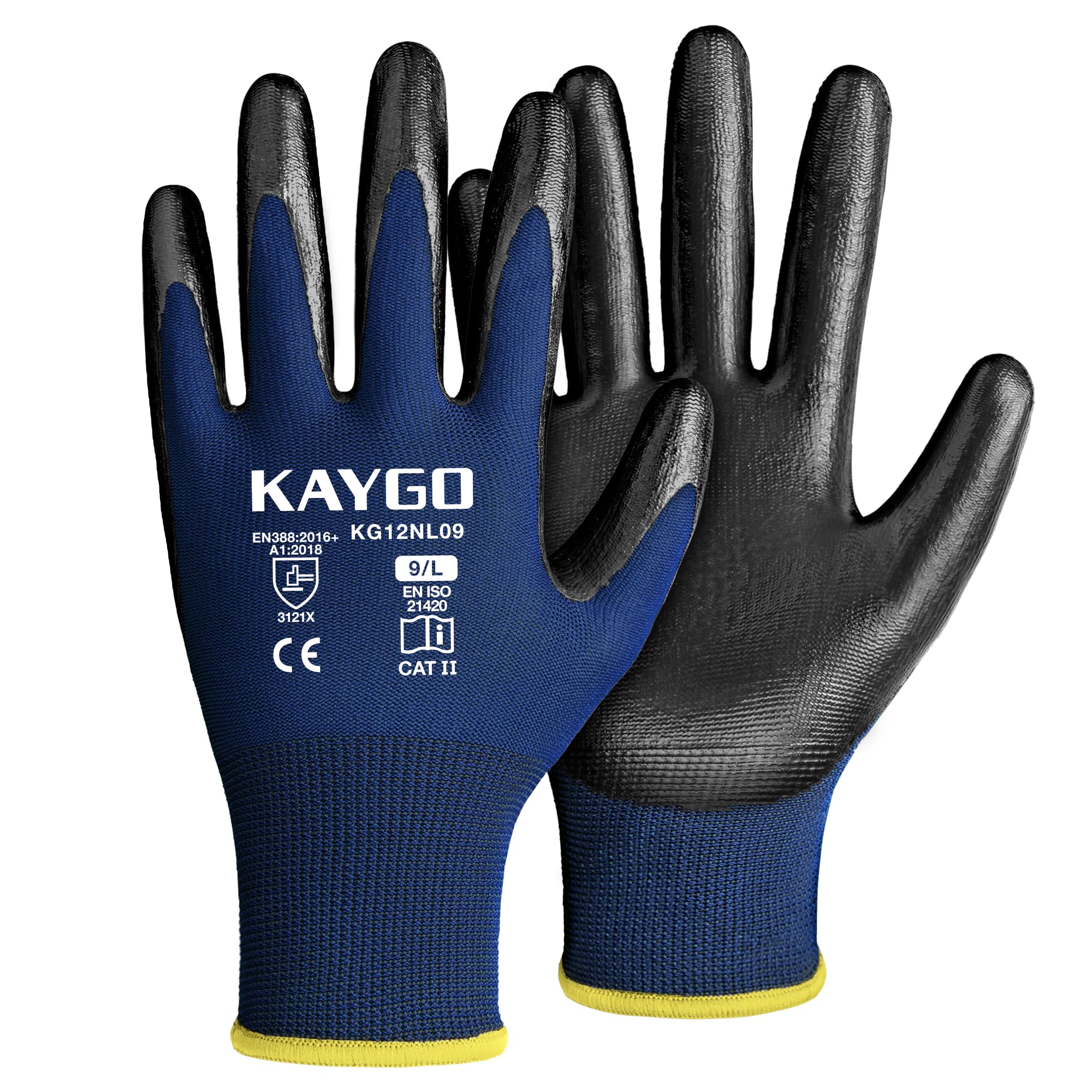 KAYGO Safety Work Gloves Nitrile Coated, Good Grip and Dexterity, 12 Pairs General Purpose Working Gloves for Men and Women, Ideal for Construction Warehouse Automotive DIY, KG12N (Blue, L)