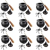 ROYHOO 48PCS Halloween Mini Witch Cauldron Set- 12 Pack Small Plastic Black Candy Cauldron with Spider, Broom, Witch Hat for Halloween Dollhouse Craft Accessories Table Decoration Supply