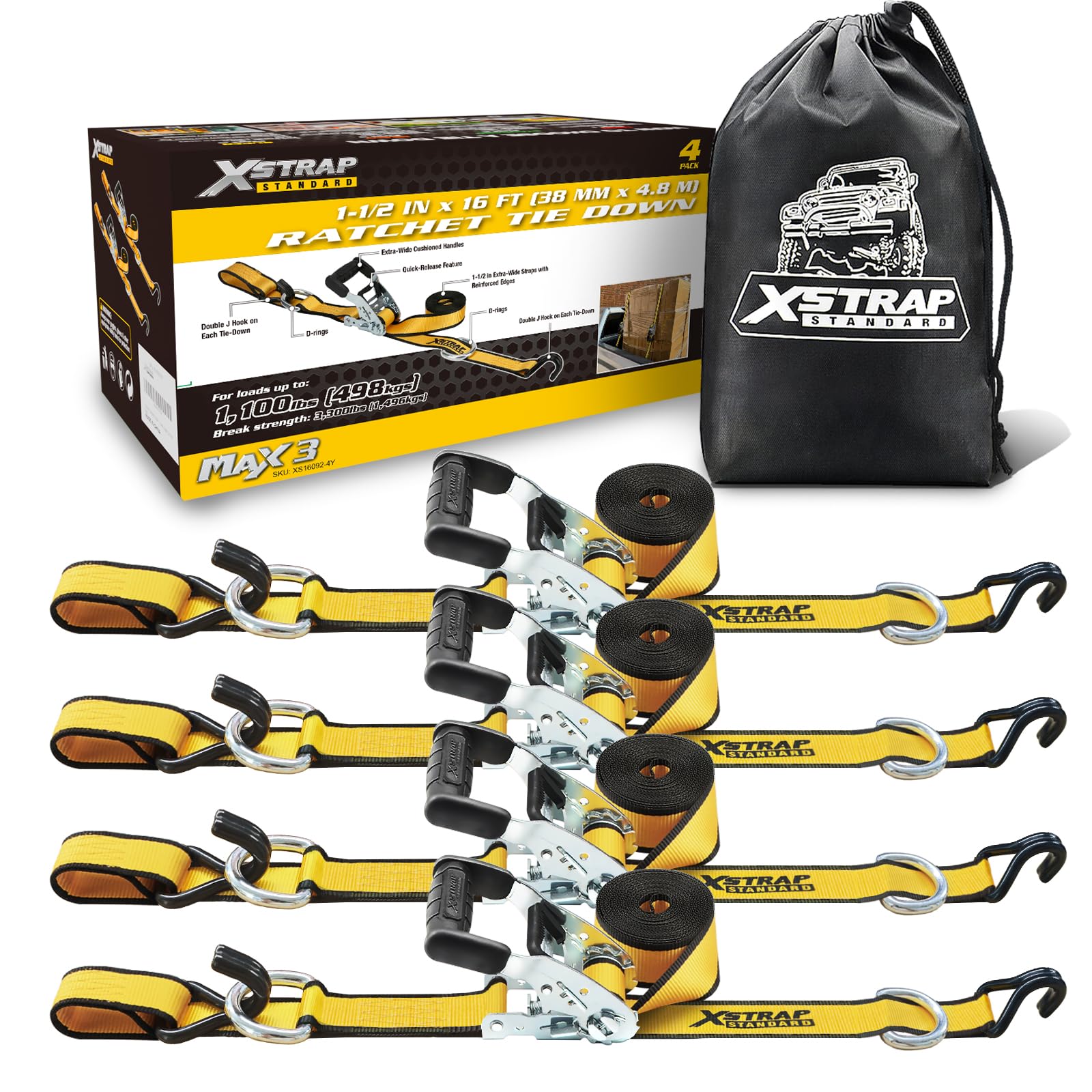 Photo 1 of ?XSTRAP STANDARD 4 Pack 1.5" x 16' Ratchet Straps - 1,100 lb Capacity, 3,300 lb Break Strength, Heavy Duty Double J-Hook Cargo Straps with Wide R-Angle & Padded Ergonomic Handle for Truck, Motorcycle