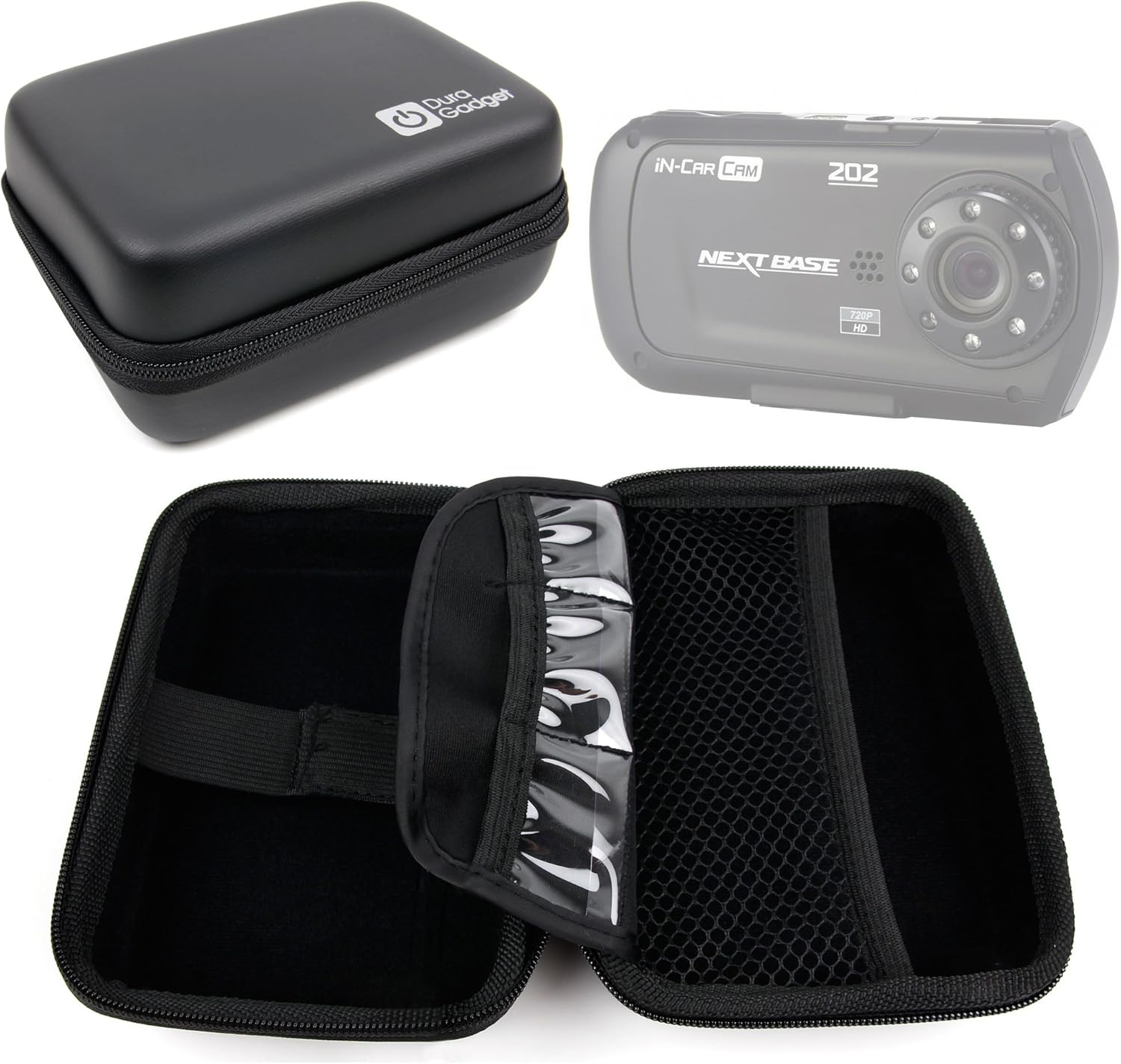 DURAGADGET Black Hard Shell EVA Box Case w/Carabiner Clip & Twin Zips - Compatible with Nextbase in Car Dash Cam 101 | Dash Cam 202 Lite | Dash Cam 512G & Duo Front & Back Dash Camera