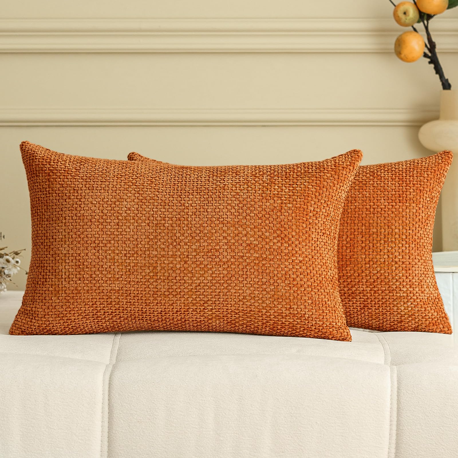 Photo 1 of a moment Fall Orange Chenille Throw Pillow Covers 12x20 Inch Pack of 2 Modern Decorative Throw Pillow Covers Farmhouse Cross Covers Home Decor for Sofa Bedroom Living Room