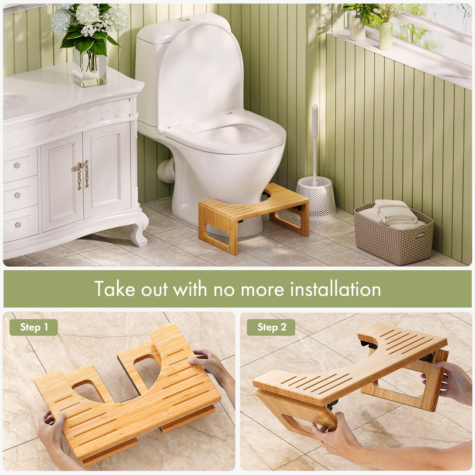 AmazerBath 7 Inches Bamboo Toilet Stool Squat for Adult, Foldable Squatting Potty Stools for Bathroom, 0.79
