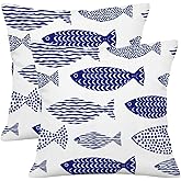Doobicy Blue Stripe Fish Pillow Covers Set of 2, Coastal Decorative Throw Cushion Covers, Nautical Ocean Theme Sea Life Double-Sided Print Accent for Sofa Couch Bed Beach House Decor