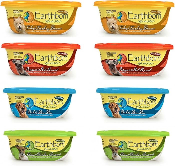 Earthborn Holistic Grain Free Tub Dog Food 4 Flavor Variety Bundle: (2) Pot Roast, (2) Chicken Casserole Stew, (2) Turkey Dinner in Gravy and (2) Stew with Duck, 8 Ounces Each (8 Tubs Total)
